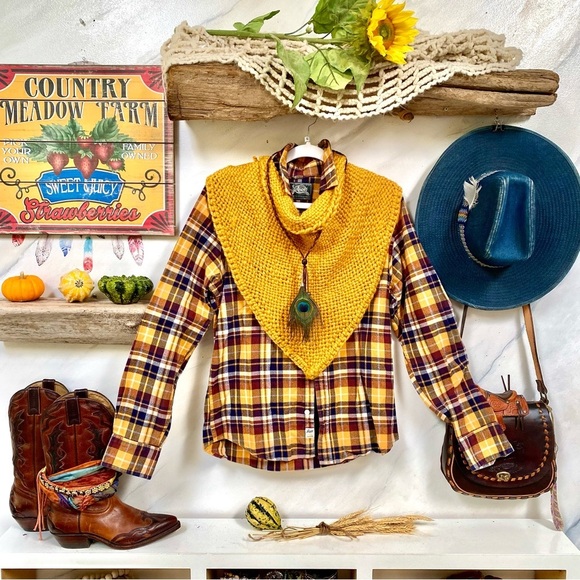 ROOTS plaid flannel boho shirt/cover up w fall harvest thanksgiving cabin vibe - Picture 7 of 14